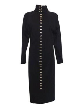 1980s P.J. Klein Black Wiggle Dress USA Western Show Military Button Front 7‑8